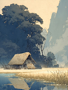 湖畔旁的茅草屋背景图片