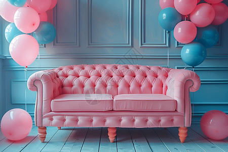粉色气球与柯基缤纷气球与沙发背景