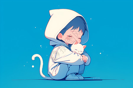 白色帽衫男孩抱着一只白色小猫插画