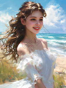海边穿着白色连衣裙的女子背景图片