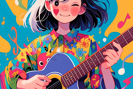 弹奏吉他的卡通女孩背景图片