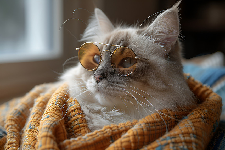 毛巾中的墨镜猫咪图片