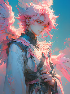 粉色翅膀背景中粉色头发的男孩插画