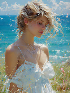海边的美丽年轻女子背景图片