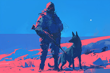 野战猎犬猎人和狗插画
