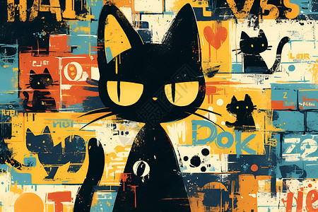 涂鸦墙绘五彩斑斓的猫咪插画