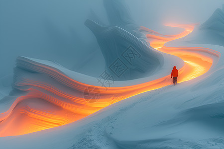 暖光室内勘探者走在雪峰山插画
