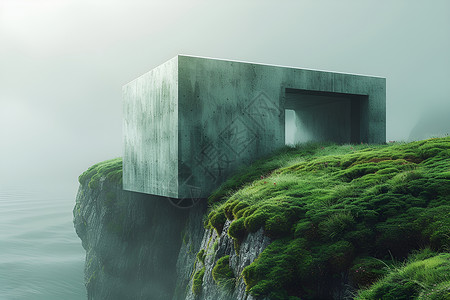 绿色苔藓峭壁上的房子插画