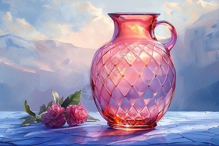 水晶花瓶桌上的一个粉色花瓶插画