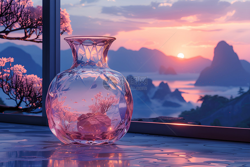 夕阳下的玻璃花瓶图片
