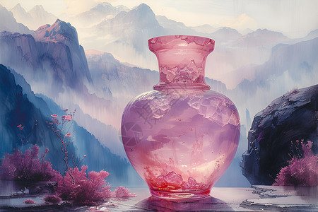 水晶花瓶山水间的玻璃花瓶插画
