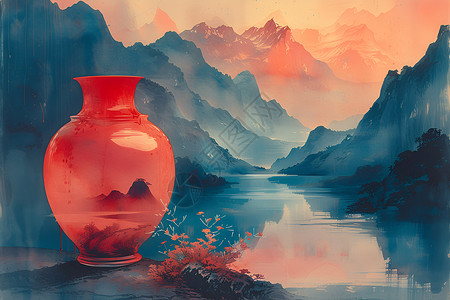 天池天山湖畔的红天山与水的雅致插画