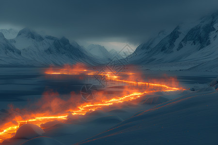 红豆雪花冰雪山下的火焰河流插画