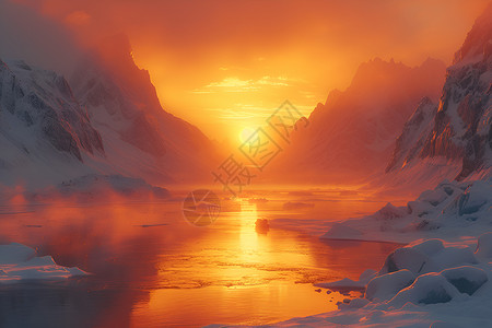 霞光中的山脉夕阳映照下的雪山河流插画