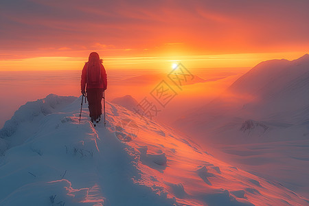 探险者登上夕阳下的雪峰高清图片