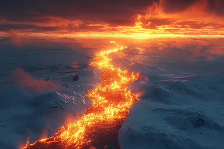 雪山中的一条火焰河流高清图片