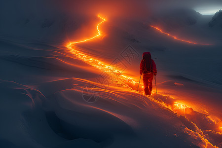 勘探者探索雪山的火焰插画