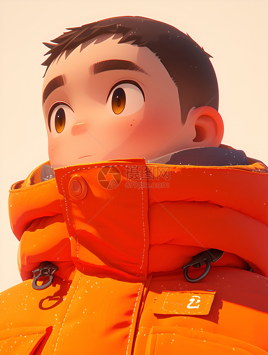 冬日童趣橙色外套下的男孩图片