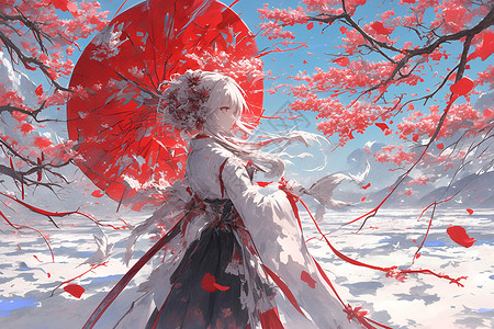 红枫树撑着红伞的女孩插画
