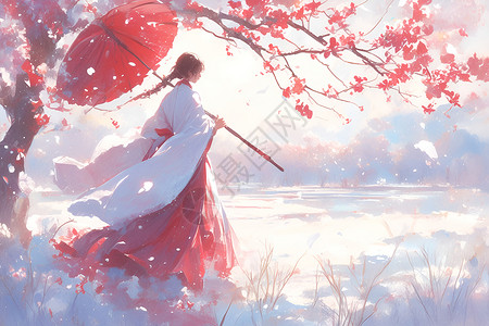 红梅树下撑伞的女子背景图片