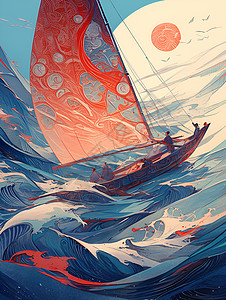 船帆背景航行于霓虹水中的船只插画
