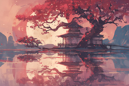 樱花树下的传统建筑背景图片