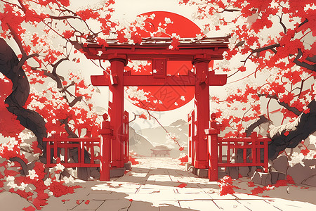 红色樱花下的古典门楼背景图片