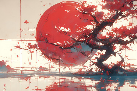 湖边的红枫树插画