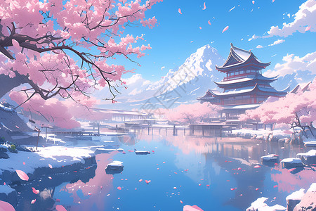 樱花树下的河流背景图片