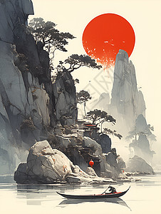 水山空谷的水墨画背景图片