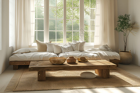 点缀素材优雅木制茶几点缀的宁静客厅景象背景