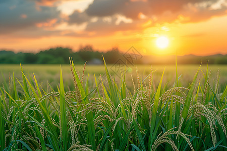谷仓盖子夕阳下的稻田背景