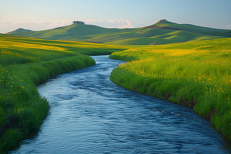 田野里蜿蜒的河流背景图片