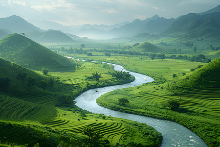 山谷里蜿蜒的河流高清图片