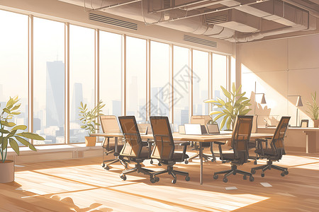 中小型会议室会议室里的巨大落地窗插画