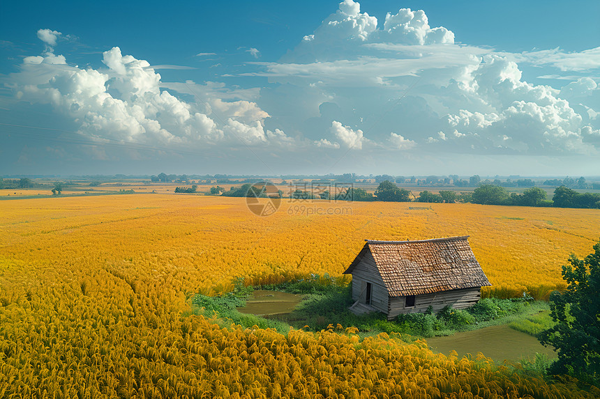 蓝天下的金黄稻田图片