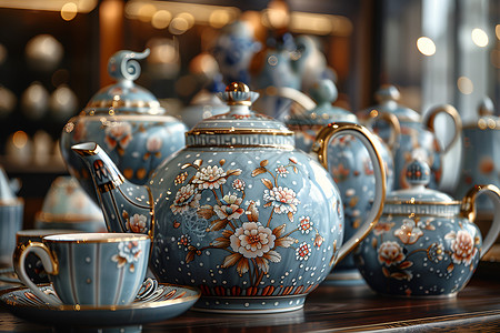 杯具喽茶室里展示的茶具背景