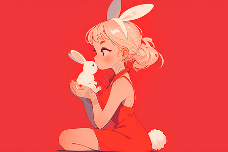 红衣少女与小兔子背景图片