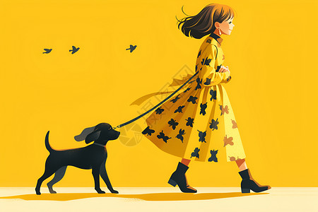 黄色背景下遛狗的插画背景图片