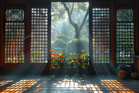 玄关屏风光影间的中国式木质格栅屏风背景