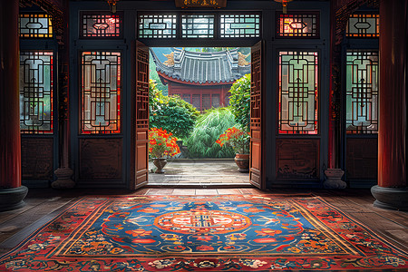 中式纹理边门上的精美地毯背景