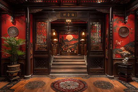 台阶装饰精美的中式入口背景
