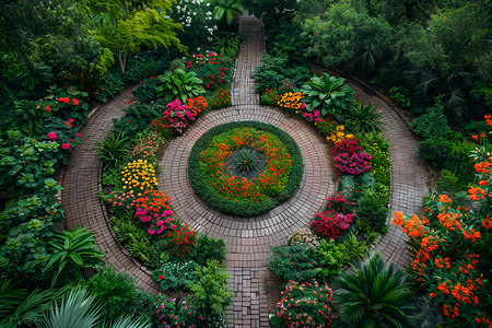 圆形鲜花边框花园的圆形景观背景