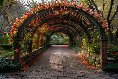 鲜花装饰的拱形建筑背景图片