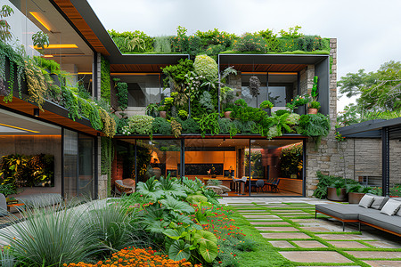 现代庭院与绿色景观背景图片
