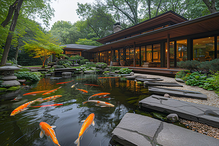 金鱼图片静谧禅意的庭院背景