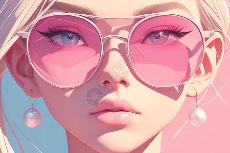 珍珠耳饰戴粉色眼镜的女孩插画