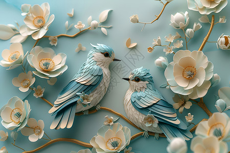 金属花朵两只蓝色的鸟儿插画