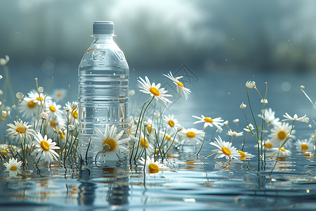 瓶子与水上的雏菊背景图片