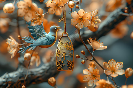 金属鸟枝上鸣叫的金鸟插画